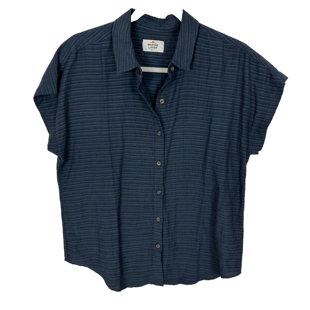 Marine Layer Womens Small Short Sleeve Button Up Top Dark Gray Blue Textured